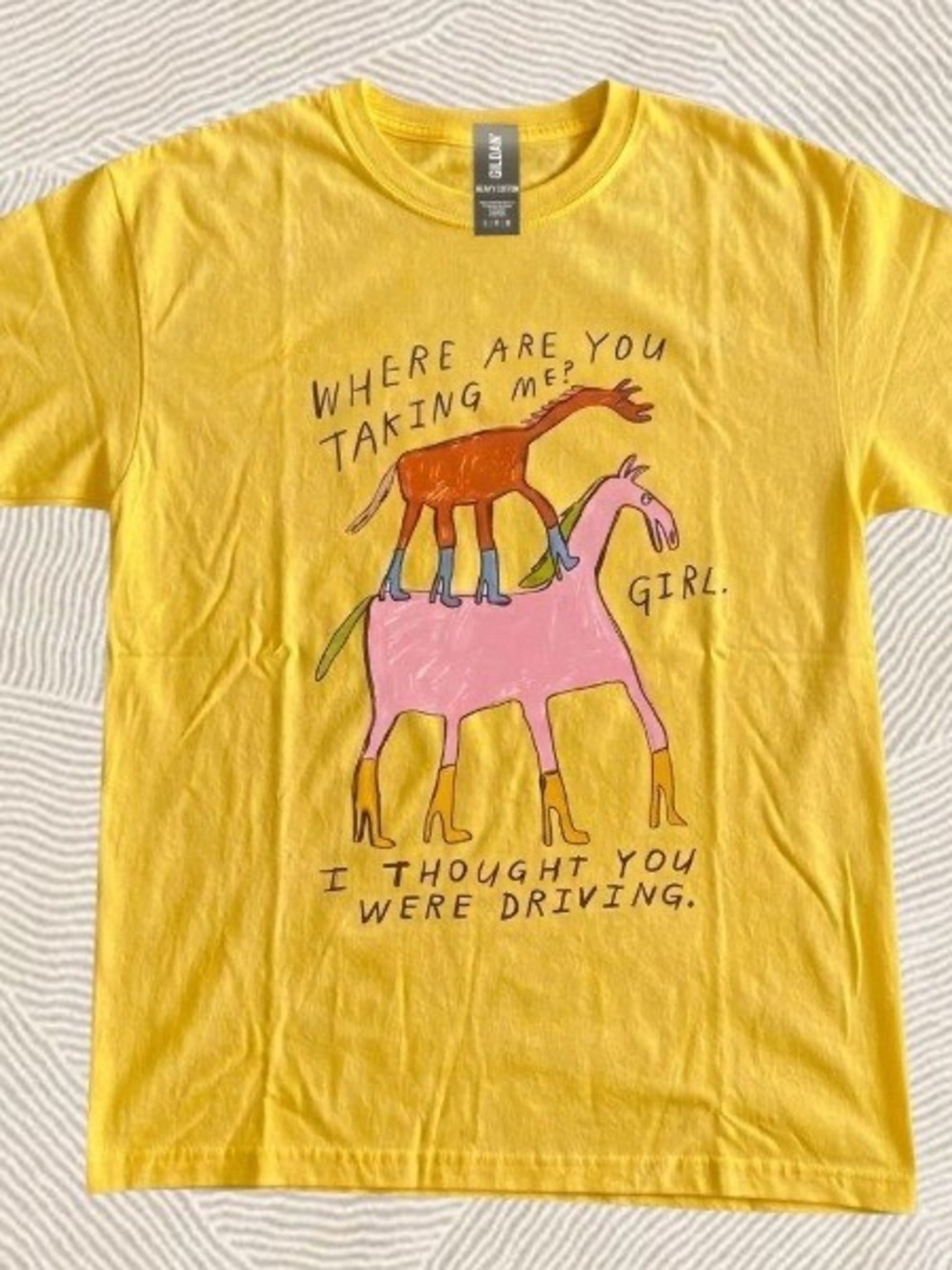 Gildan Yellow Graphic Tee with Funny Unicorn and Horse